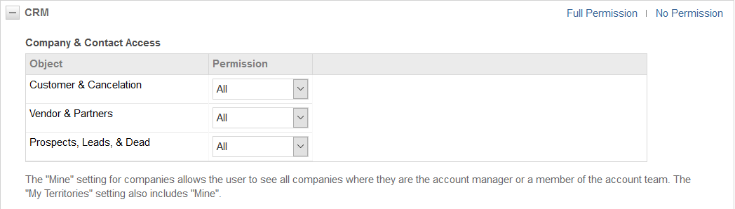 Organization & Contact Access (click to enlarge) Organization & Contact settings in the CRM section of the Autotask PSA Security Levels page.