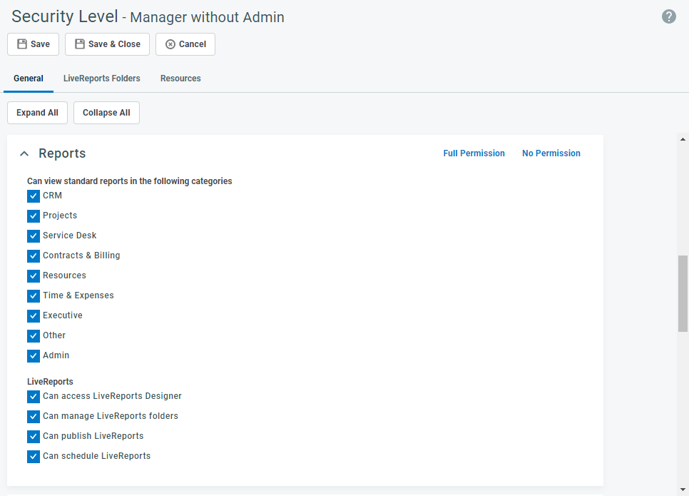Reports settings The Reports settings section of the Security Level configuration page in Autotask PSA.
